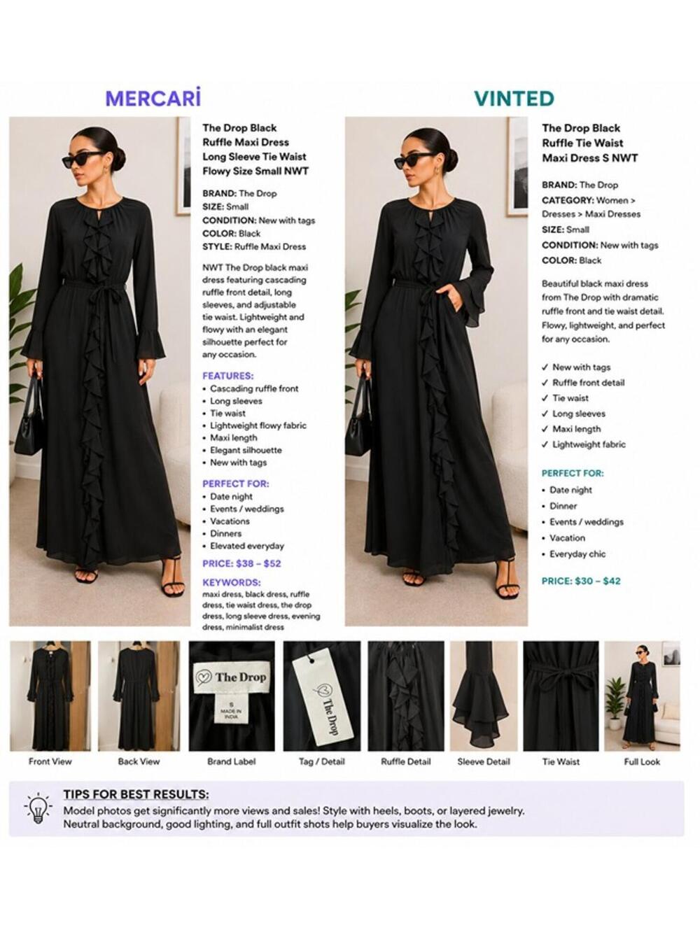 The Drop Black Ruffle Tie Waist Maxi Dress S NWT